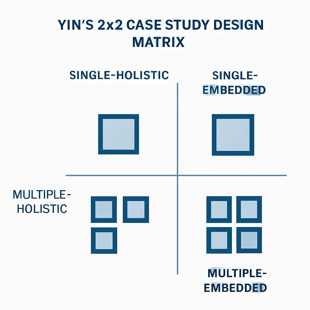 Yin's 2x2 case study design matrix showing four types: single-holistic, single-embedded, multiple-holistic, and multiple-embedded designs