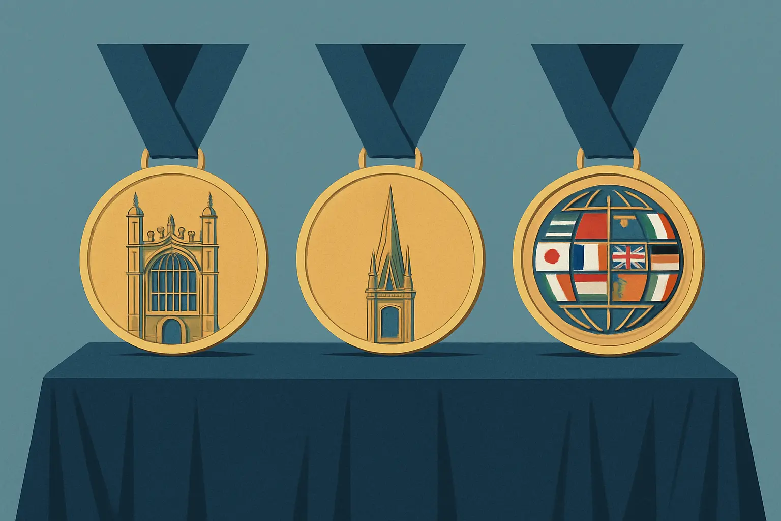 Prestigious international PhD scholarship programs represented by iconic academic architecture and award medals from Gates Cambridge, Rhodes Oxford, and international government schemes