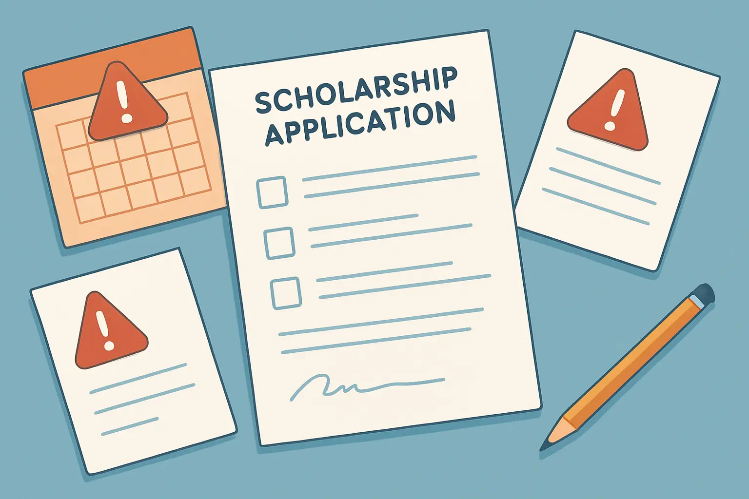 Illustration of common PhD scholarship application mistakes including generic personal statements, missed institutional deadlines, and vague research impact descriptions