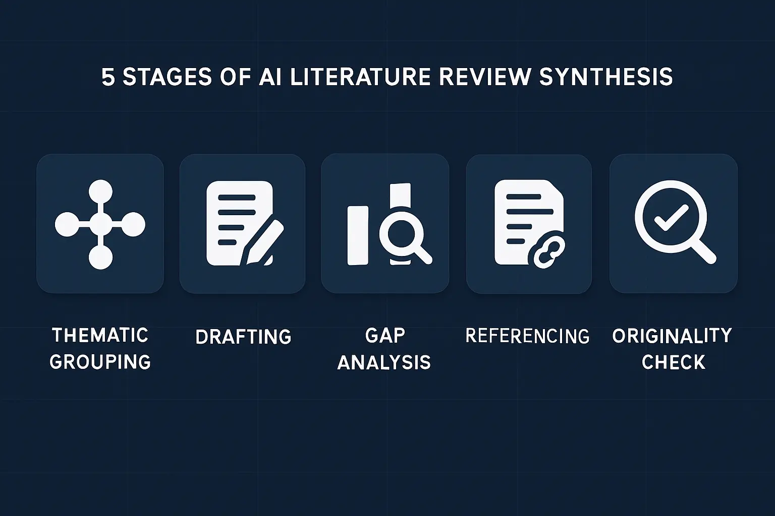 Diagram showing the five-stage AI literature review synthesis workflow in Tesify: thematic grouping, drafting, gap identification, referencing, and originality check