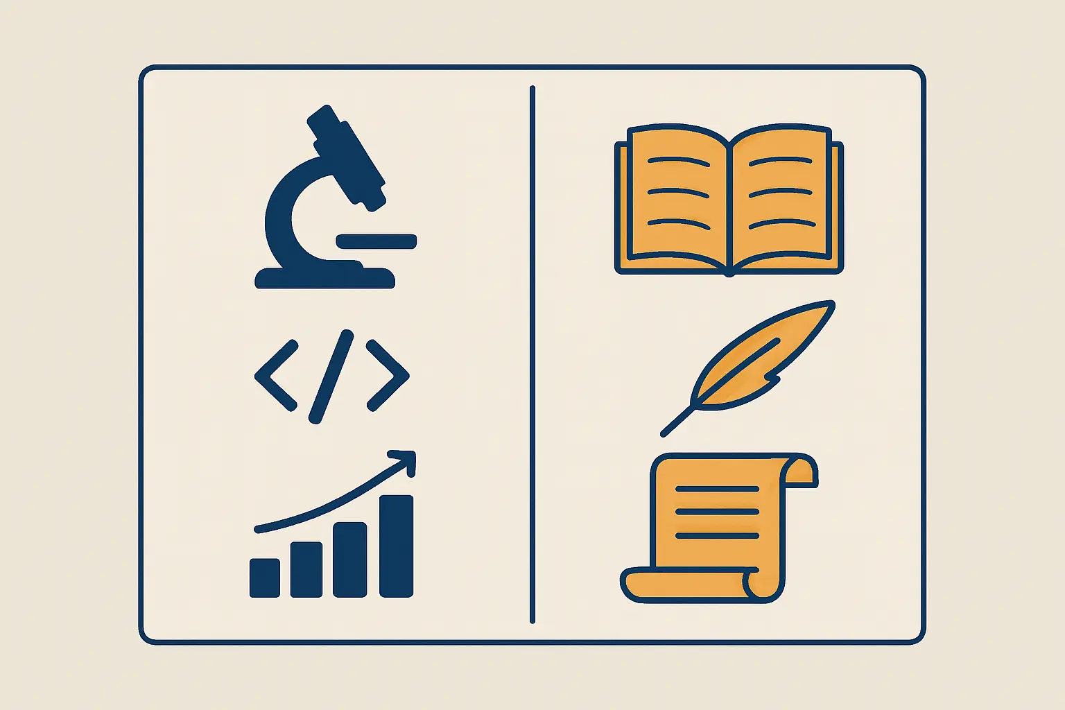 Side-by-side comparison illustration contrasting two AI writing tools on STEM data tasks versus humanities long-form academic writing