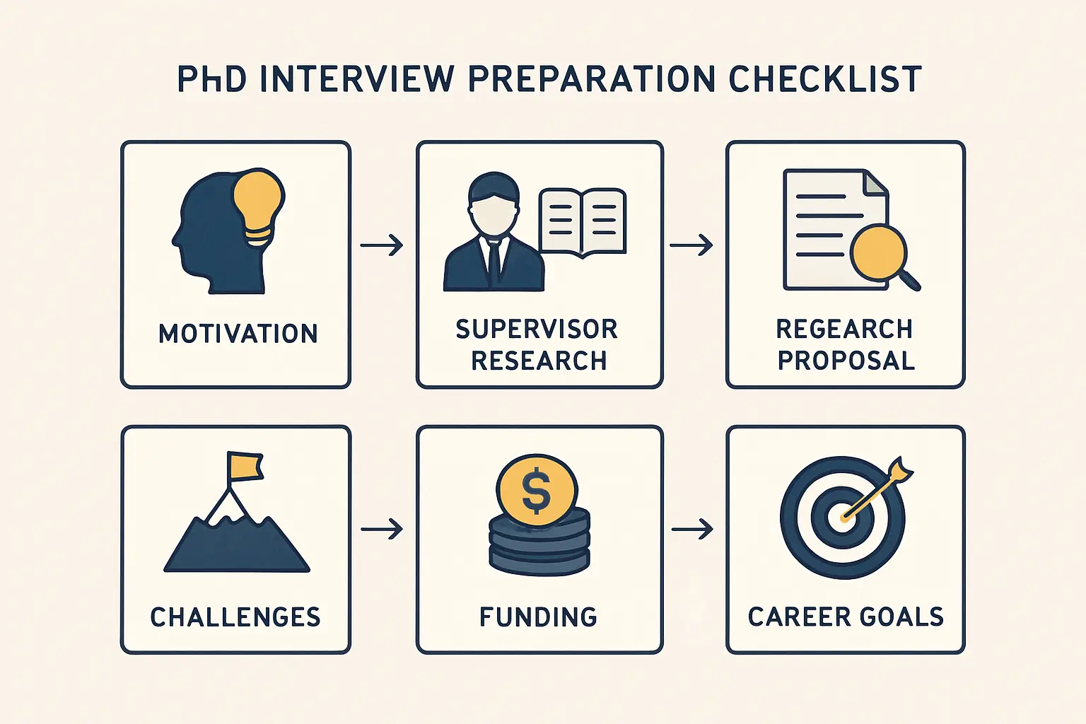 PhD interview preparation diagram showing six core question themes: motivation, supervisor fit, research proposal, challenges, funding, and career goals