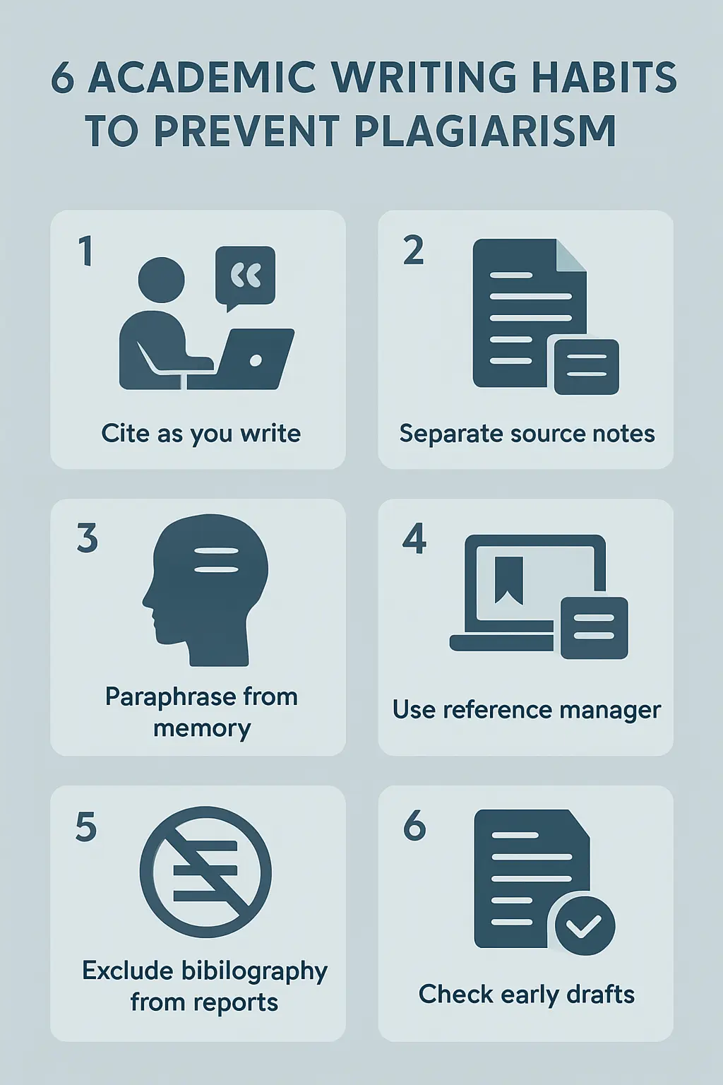 Six academic writing habits that keep plagiarism similarity scores low: citing while writing, separating notes, paraphrasing from memory, using reference managers, excluding bibliographies, and checking early