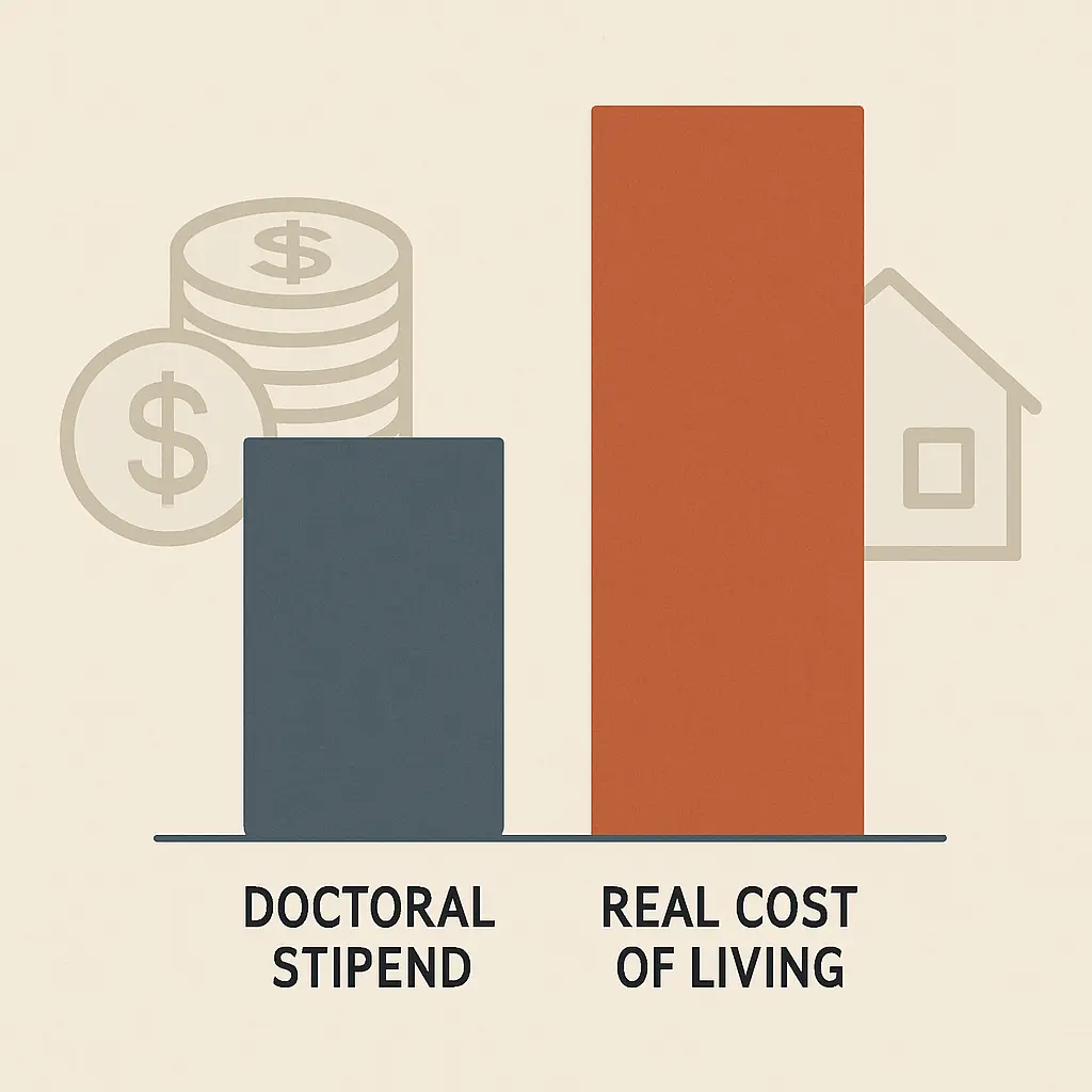 Illustration showing the real-terms gap between average PhD stipend and local cost of living, with the cost of living bar visibly taller than the stipend bar