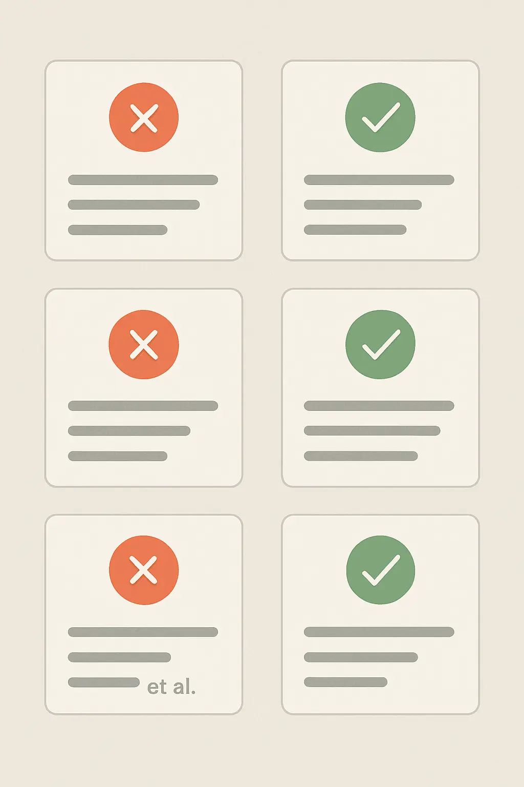 Grid of five common Harvard referencing mistakes with visual warning indicators, covering italicisation errors, missing access dates, and incorrect author formatting