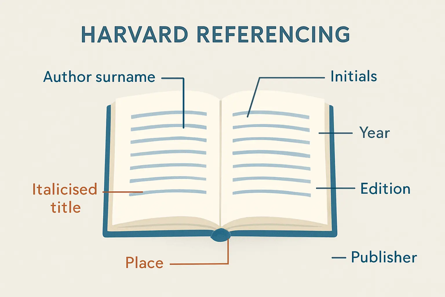 Annotated diagram of a Harvard reference list book entry showing each component: author, year, title, edition, place of publication, and publisher