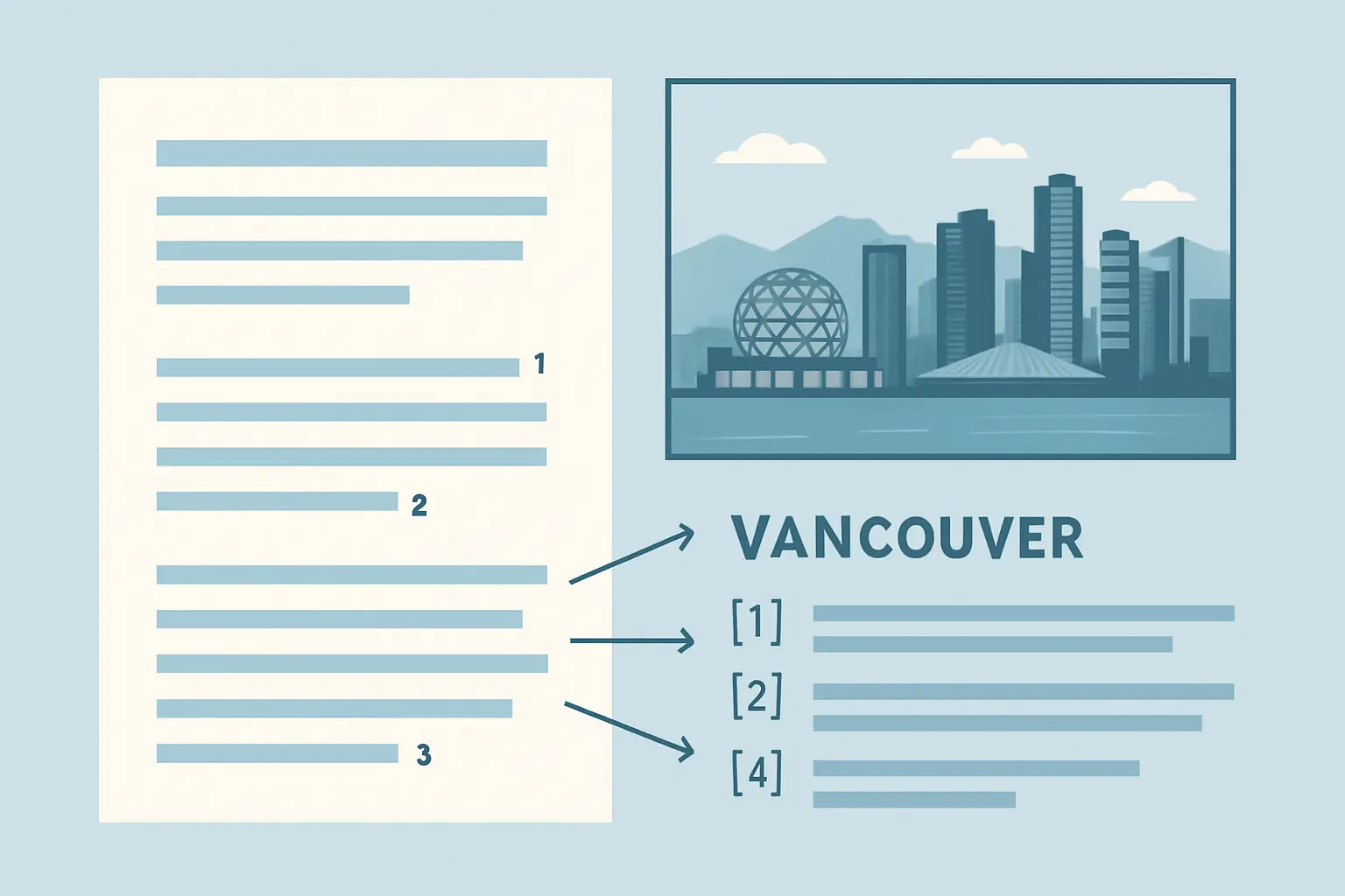 Diagram comparing Vancouver superscript and square bracket in-text citation formats with a numbered reference list ordered by first appearance
