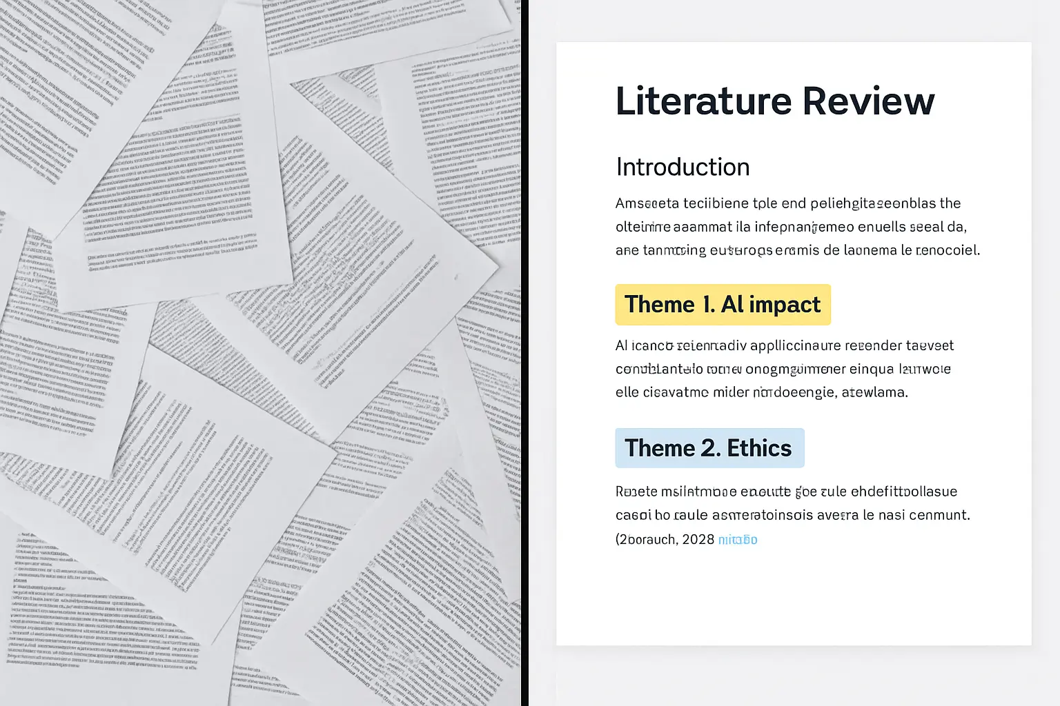Before and after comparison: disorganised academic papers transformed into a clean, thematically structured AI-generated literature review draft