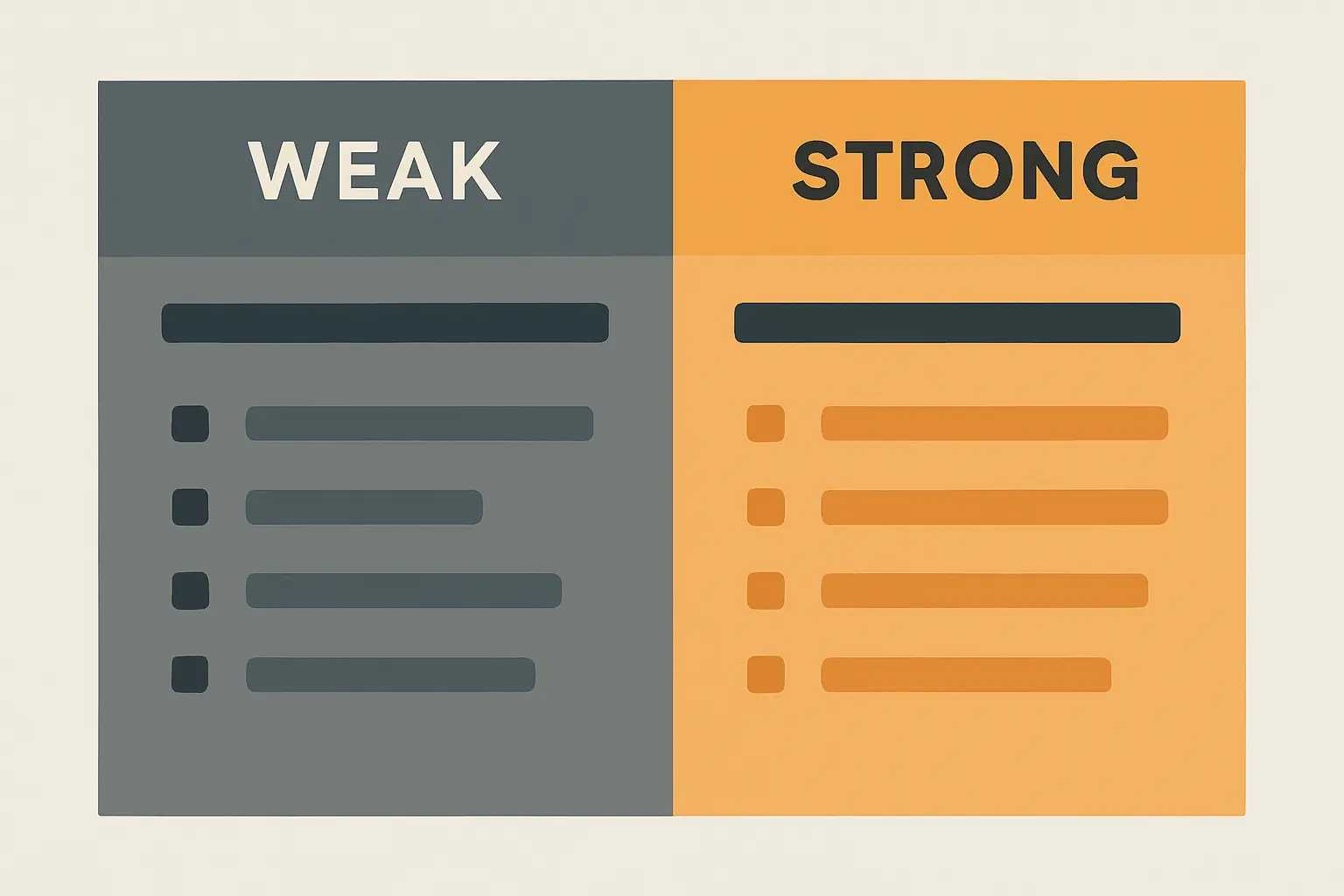 Side-by-side comparison visual showing weak thesis statement examples on the left versus strong specific debatable thesis statements on the right