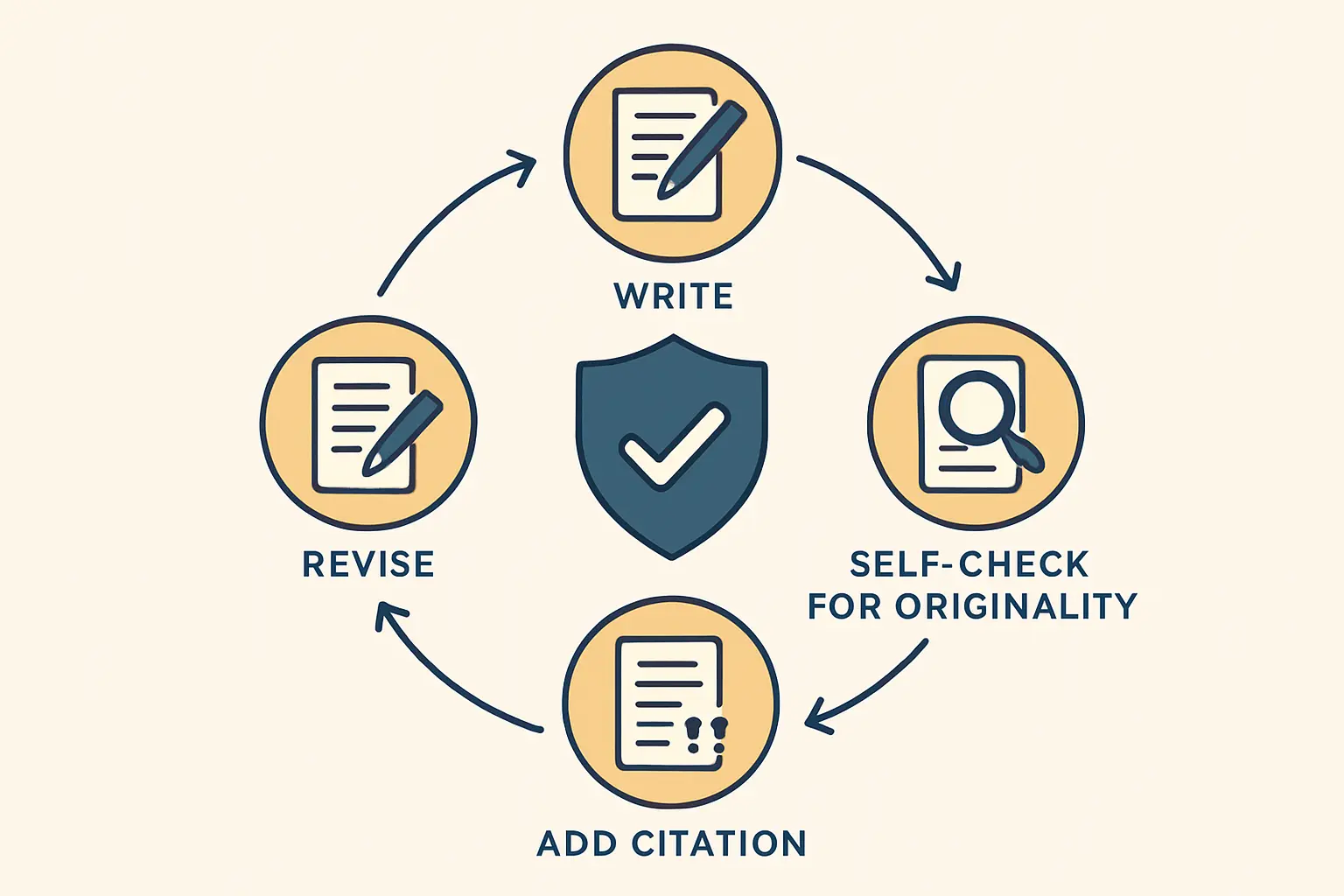 Circular workflow diagram showing the thesis writing cycle with originality self-check and citation steps centred on an academic integrity shield