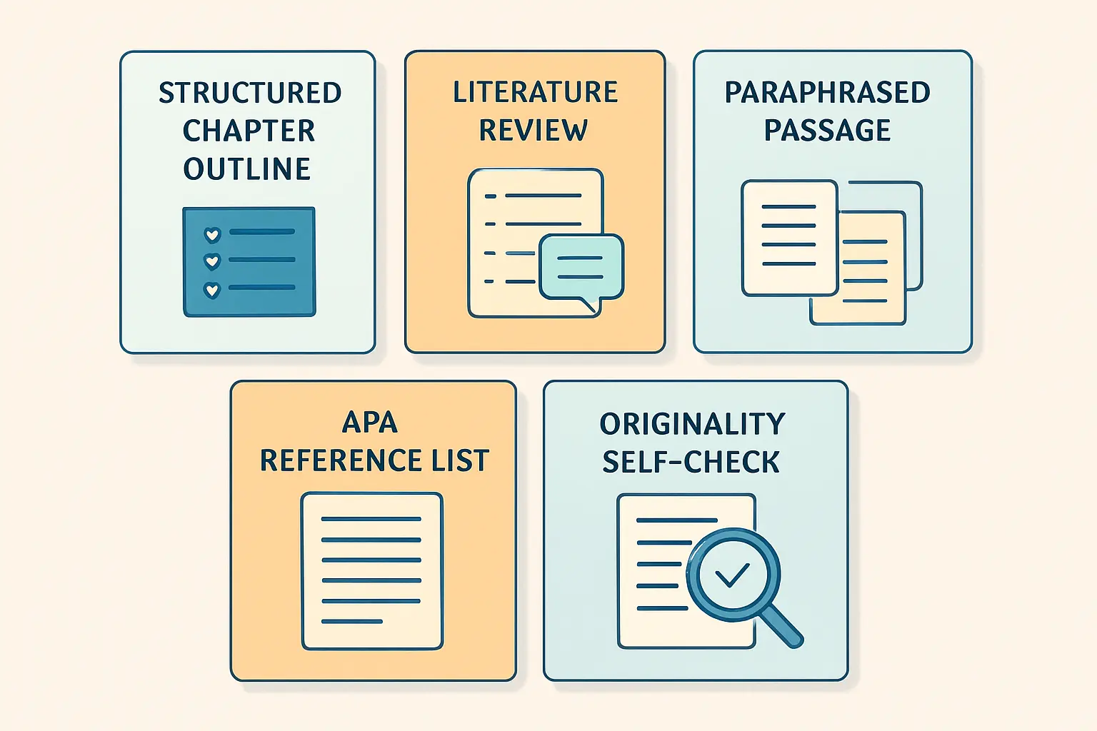 Illustration of five academic writing tasks AI helps with: outlining, literature review synthesis, paraphrasing, citation formatting, and originality self-checking