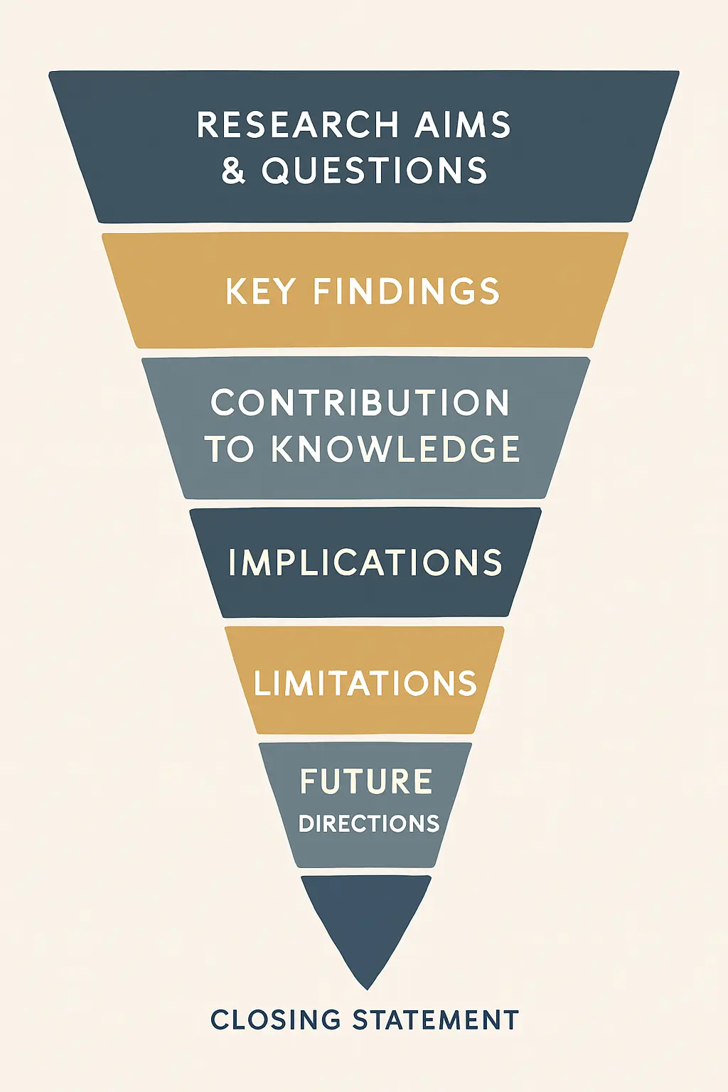 Seven-part structure of a dissertation conclusion chapter, from restating research aims down to a final closing statement