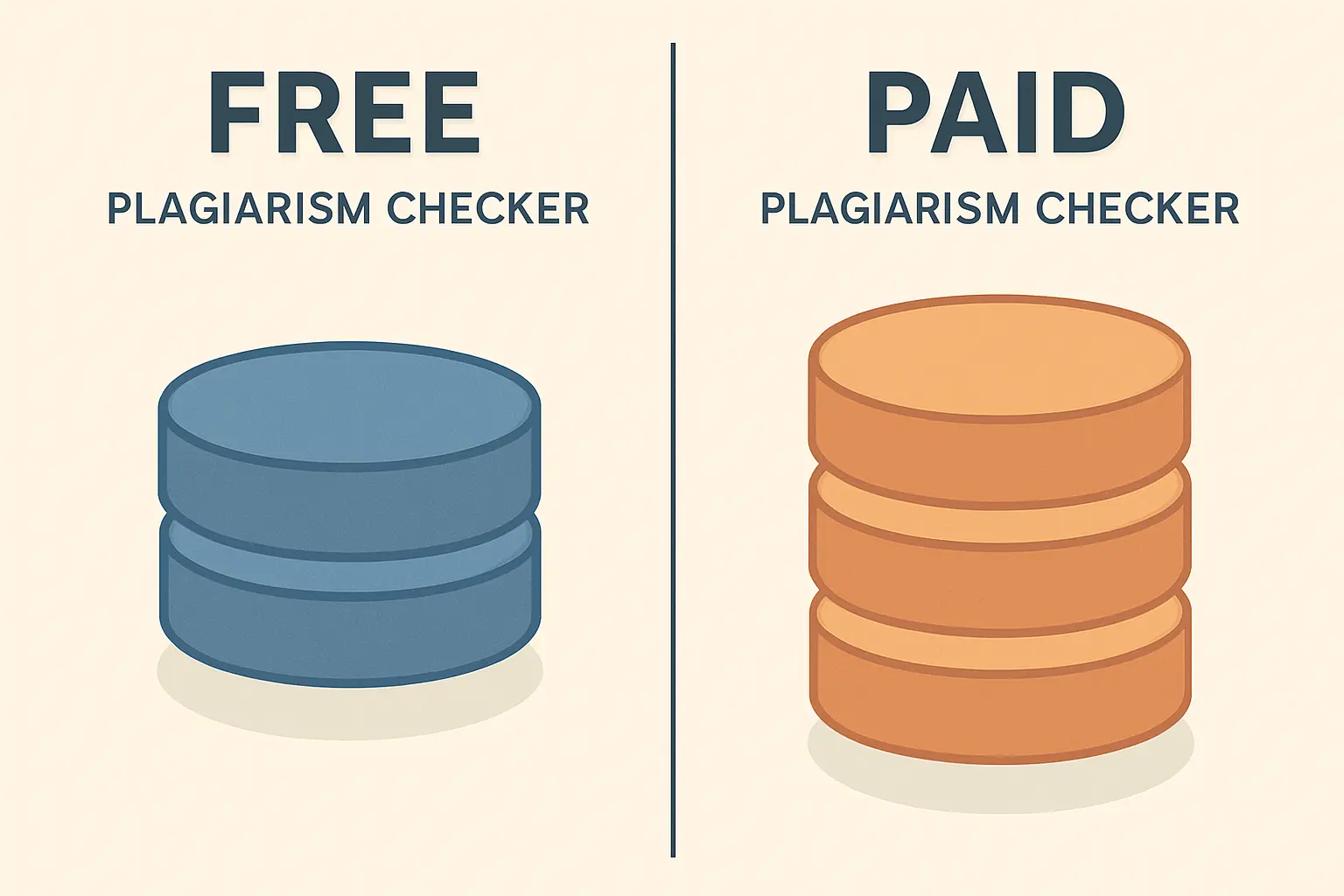 Visual comparison of free plagiarism checkers with limited web database coverage versus paid tools like Turnitin with deeper academic journal and student submission database access