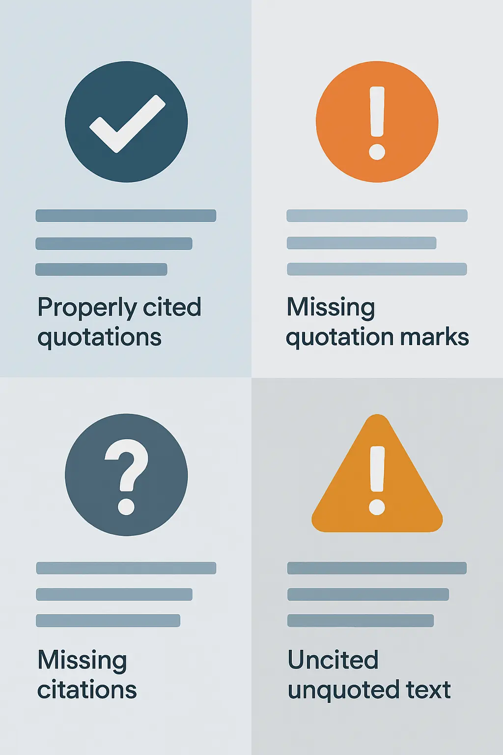 Four-panel illustration of Turnitin source breakdown categories: cited and quoted, missing quotation marks, missing citation, and not cited or quoted