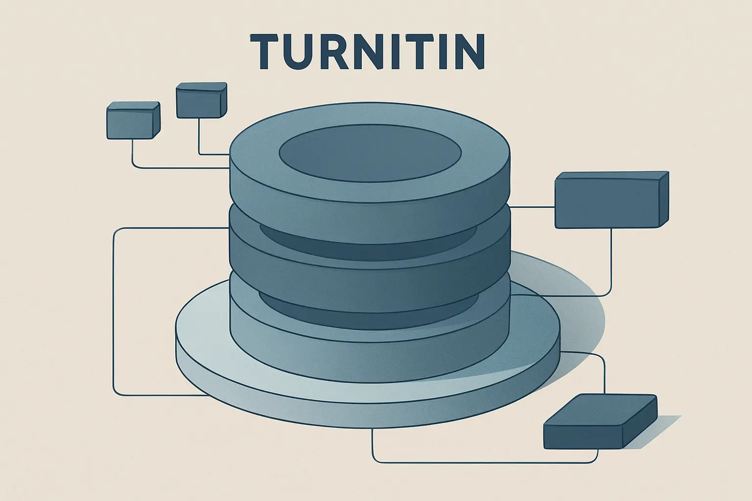 Diagram showing Turnitin's multi-layer database: paywalled academic journals, student paper repository, and public web index providing comprehensive plagiarism detection coverage