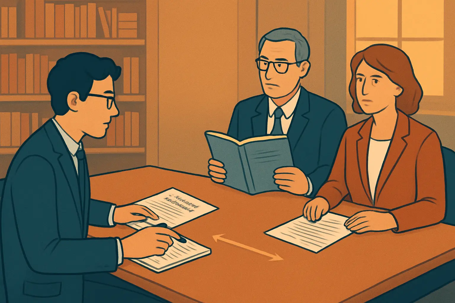 Illustration of a PhD admissions interview as a two-way evaluation process between a doctoral candidate and a supervision panel