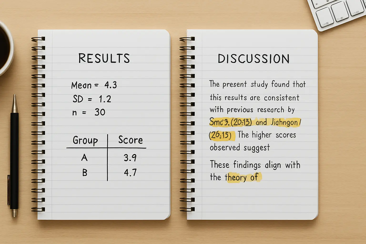 Side-by-side comparison of results chapter reporting versus discussion chapter interpretation in a dissertation