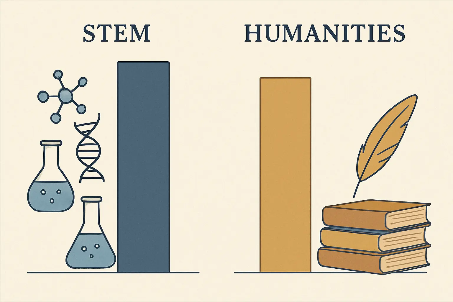 Illustration comparing PhD stipend levels between STEM disciplines and humanities fields, showing the funding gap by academic discipline