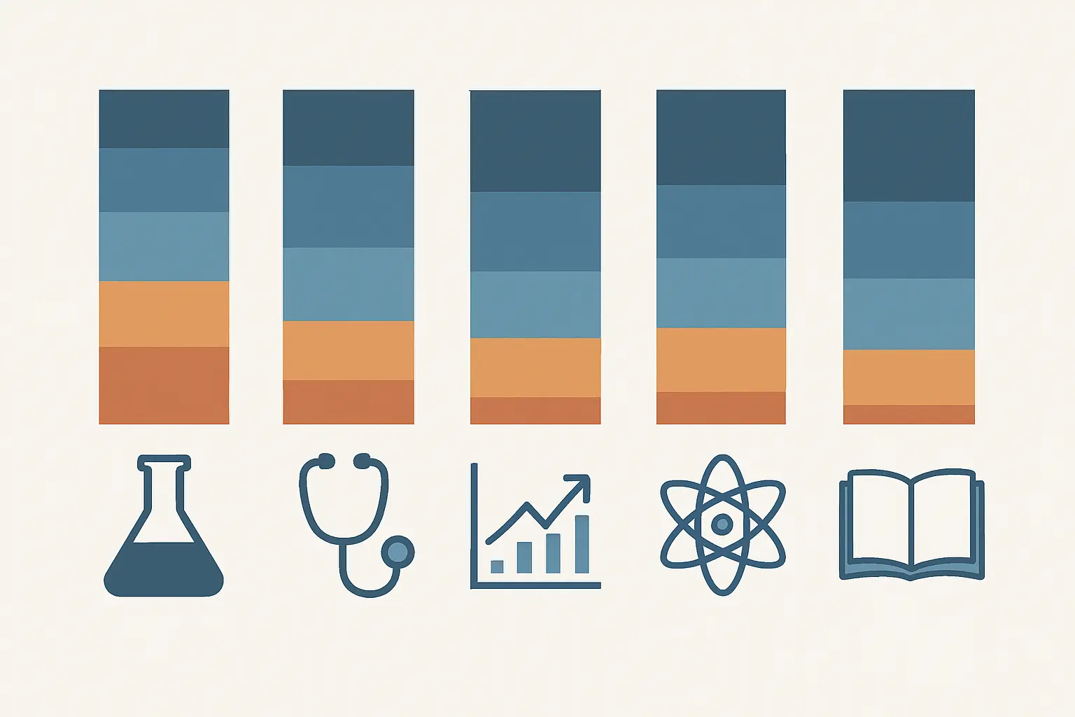 Illustration comparing mental health burden by academic discipline showing relative depression and burnout rates across biomedical sciences, healthcare, economics, STEM, and humanities fields