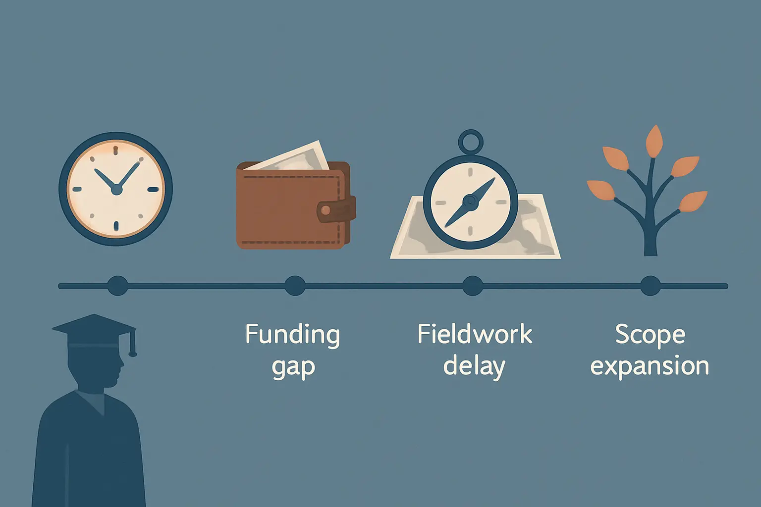 Illustration of four common PhD timeline extension factors: slow supervisor feedback, funding gaps, fieldwork delays, and dissertation scope expansion