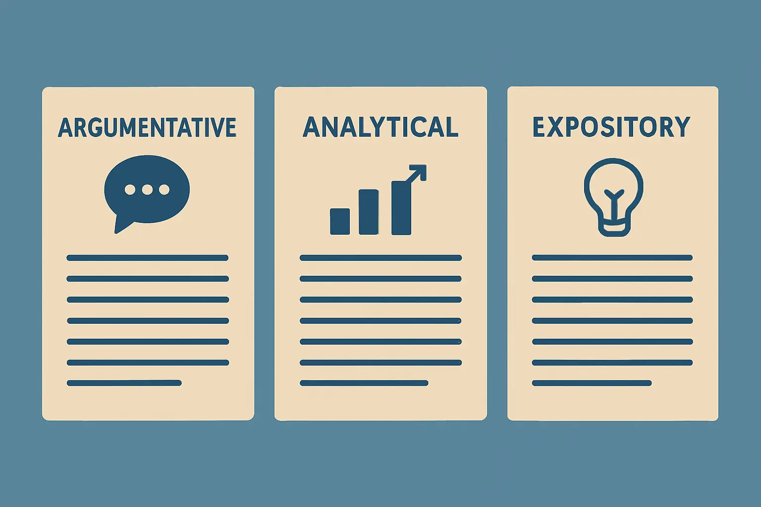 Diagram illustrating the three types of thesis statements: argumentative, analytical, and expository, each represented as a labeled academic document panel