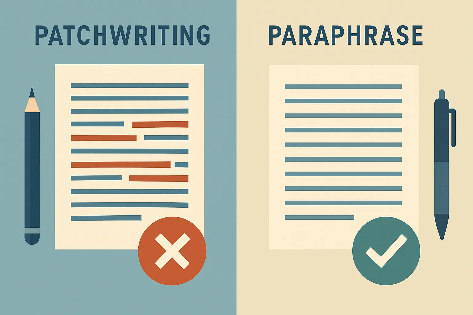 Split-panel diagram contrasting patchwriting with incorrect structural copying versus a genuine paraphrase with fully restructured prose