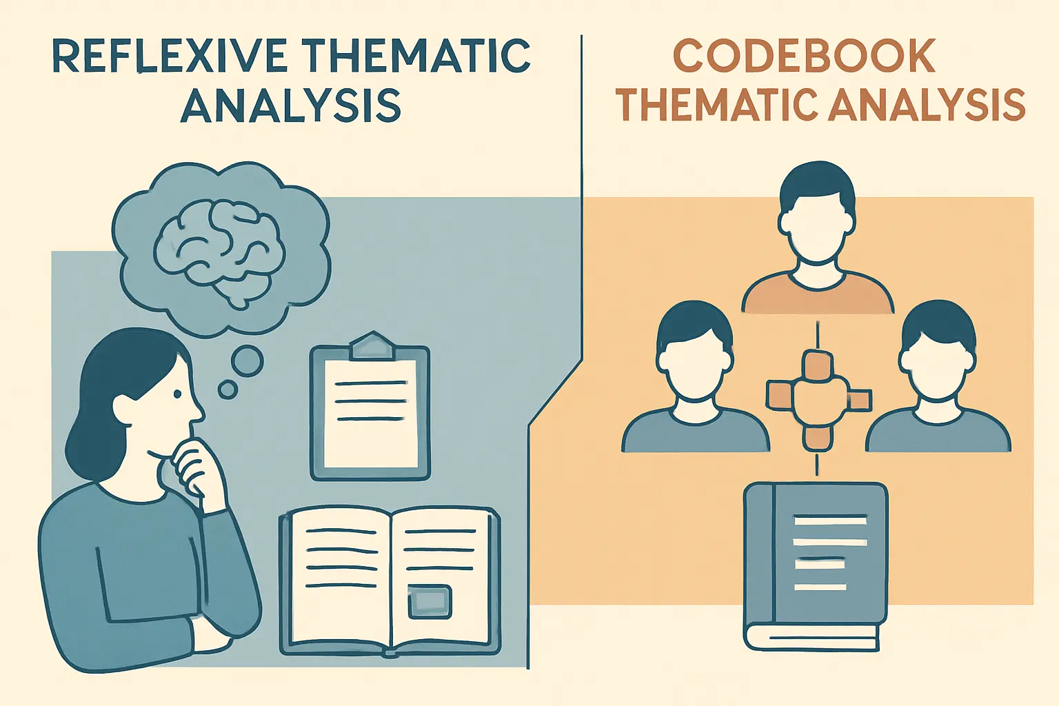 Comparison diagram showing reflexive thematic analysis on the left (constructivist, researcher-led) versus codebook thematic analysis on the right (structured, multi-coder reliability)