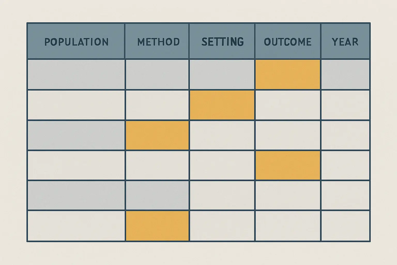 Evidence matrix showing systematic gaps in research coverage across populations, methods, settings, and outcomes