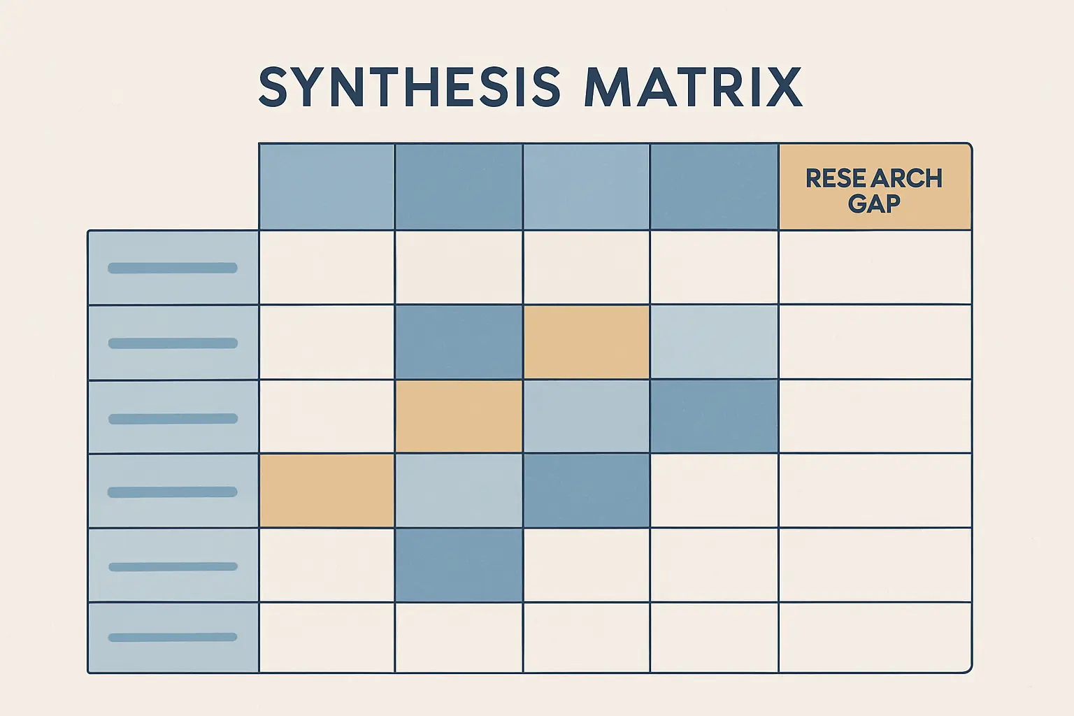 Synthesis matrix spreadsheet showing literature review sources as rows and thematic categories as columns, with an empty column identifying a research gap in the existing literature
