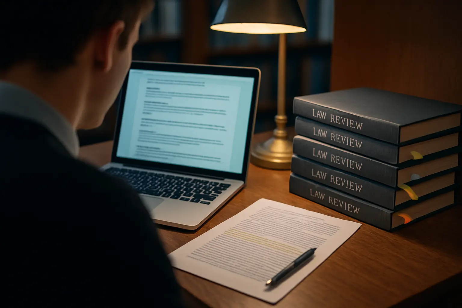 Estudiante de Derecho consultando bases de doctrina y repositorios de la facultad desde la biblioteca