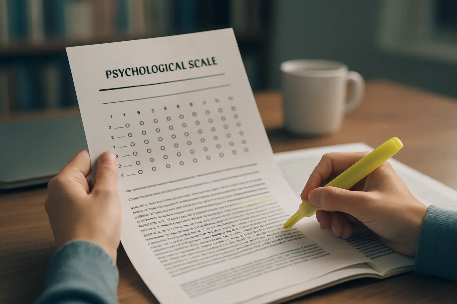 Estudiante de Psicología revisando la ficha técnica de una escala con su adaptación argentina