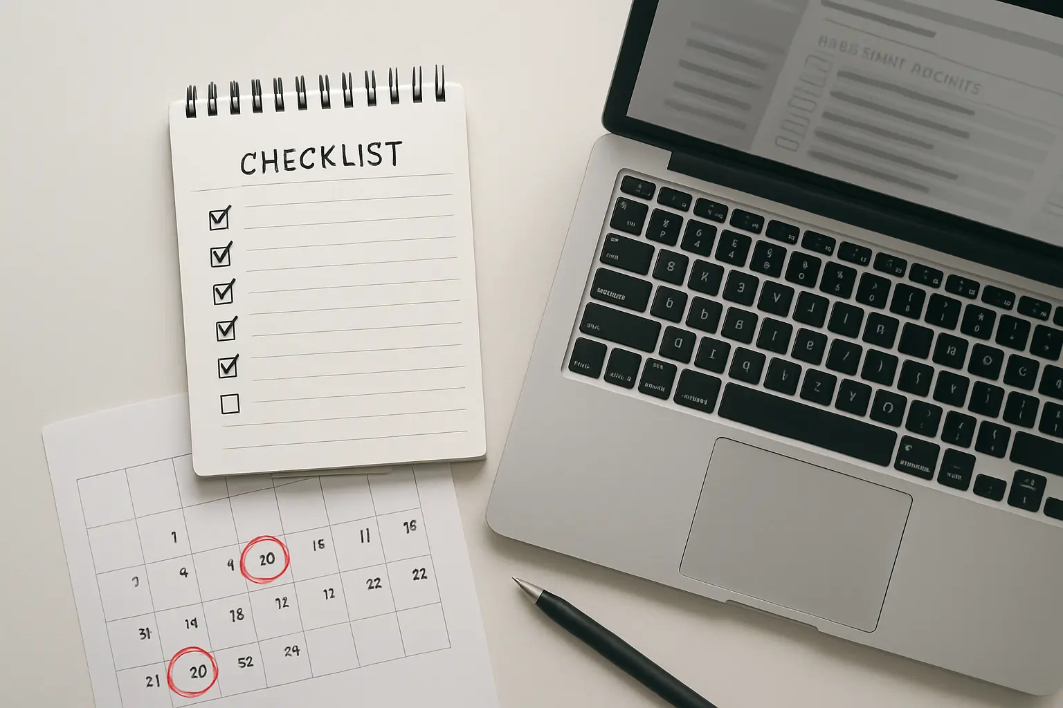 Checklist manuscrito junto a un calendario con fechas marcadas y una notebook con un archivo de resoluciones