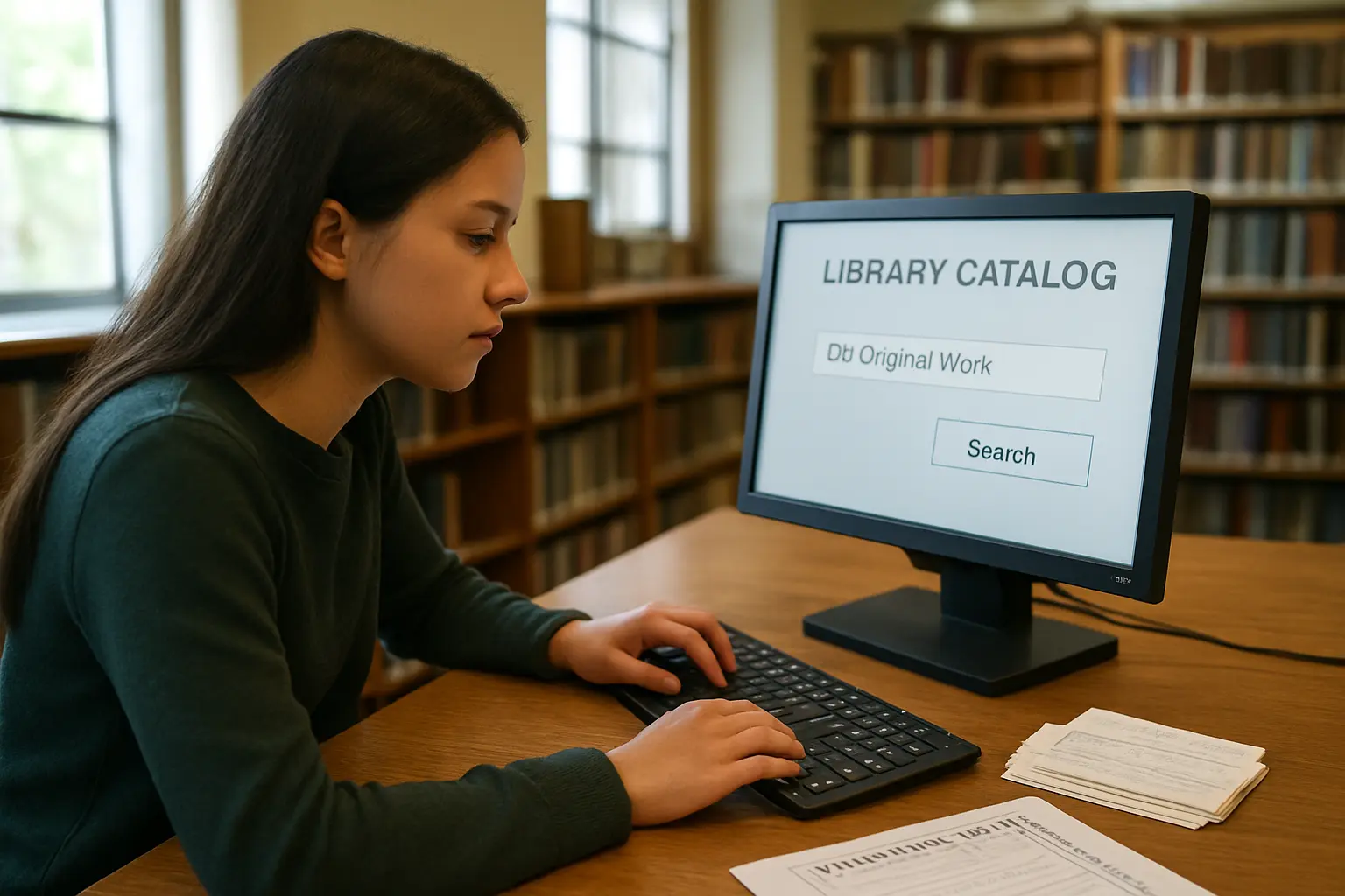 Estudiante buscando la obra original en el catálogo de la biblioteca antes de recurrir a la cita secundaria