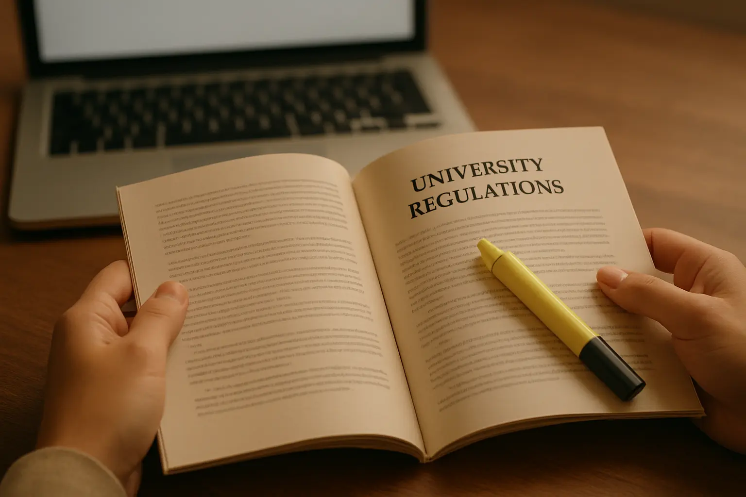 Estudiante consultando el reglamento impreso de su facultad