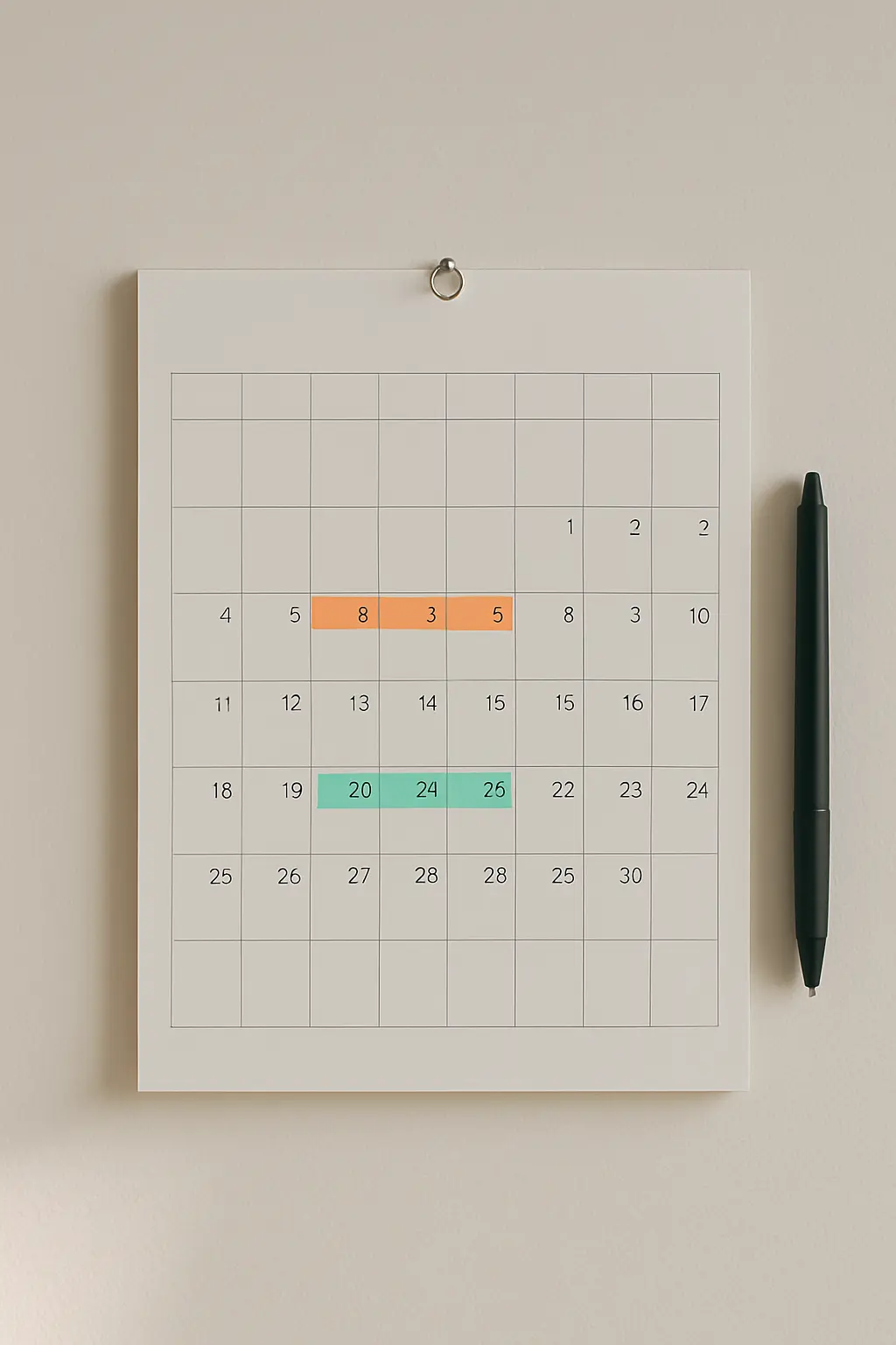 Calendario con los plazos de una convocatoria marcados en resaltador