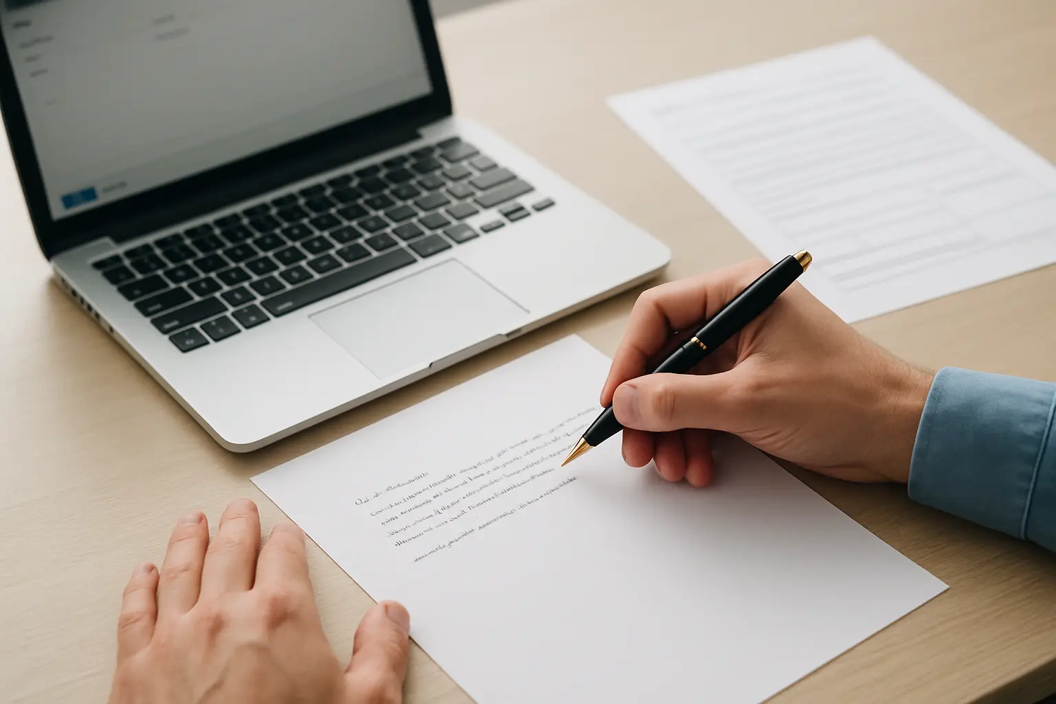 Manos redactando una nota formal de prórroga junto a un formulario impreso y una notebook con el correo abierto