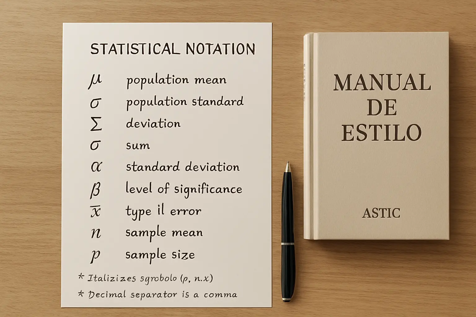 Hoja de referencia con símbolos estadísticos y notas sobre cursivas y separador decimal en castellano
