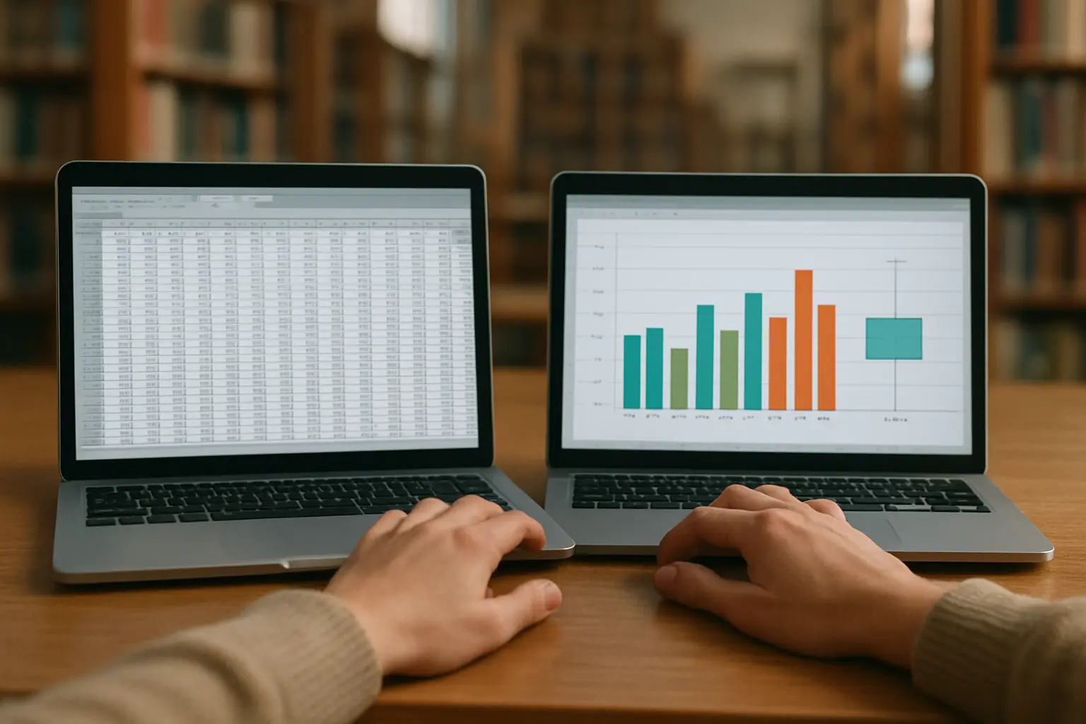 Dos notebooks lado a lado mostrando distintas interfaces de análisis de datos para comparar programas estadísticos