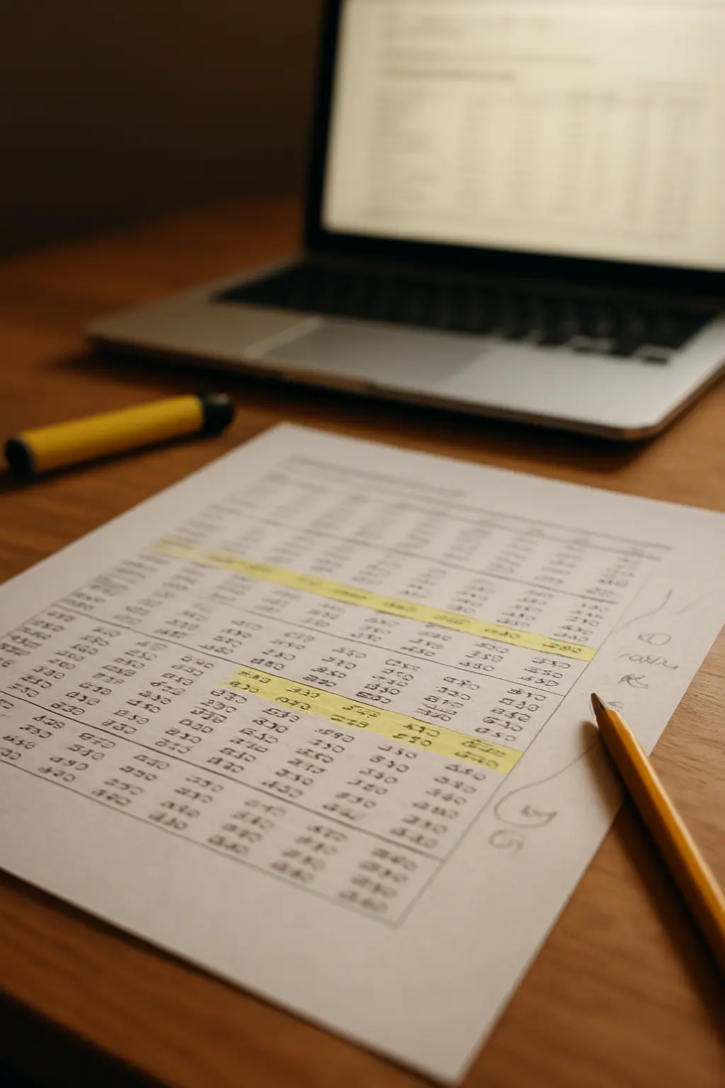 Tablas de salida estadística impresas y resaltadas junto a una notebook, listas para volcarse al capítulo de resultados