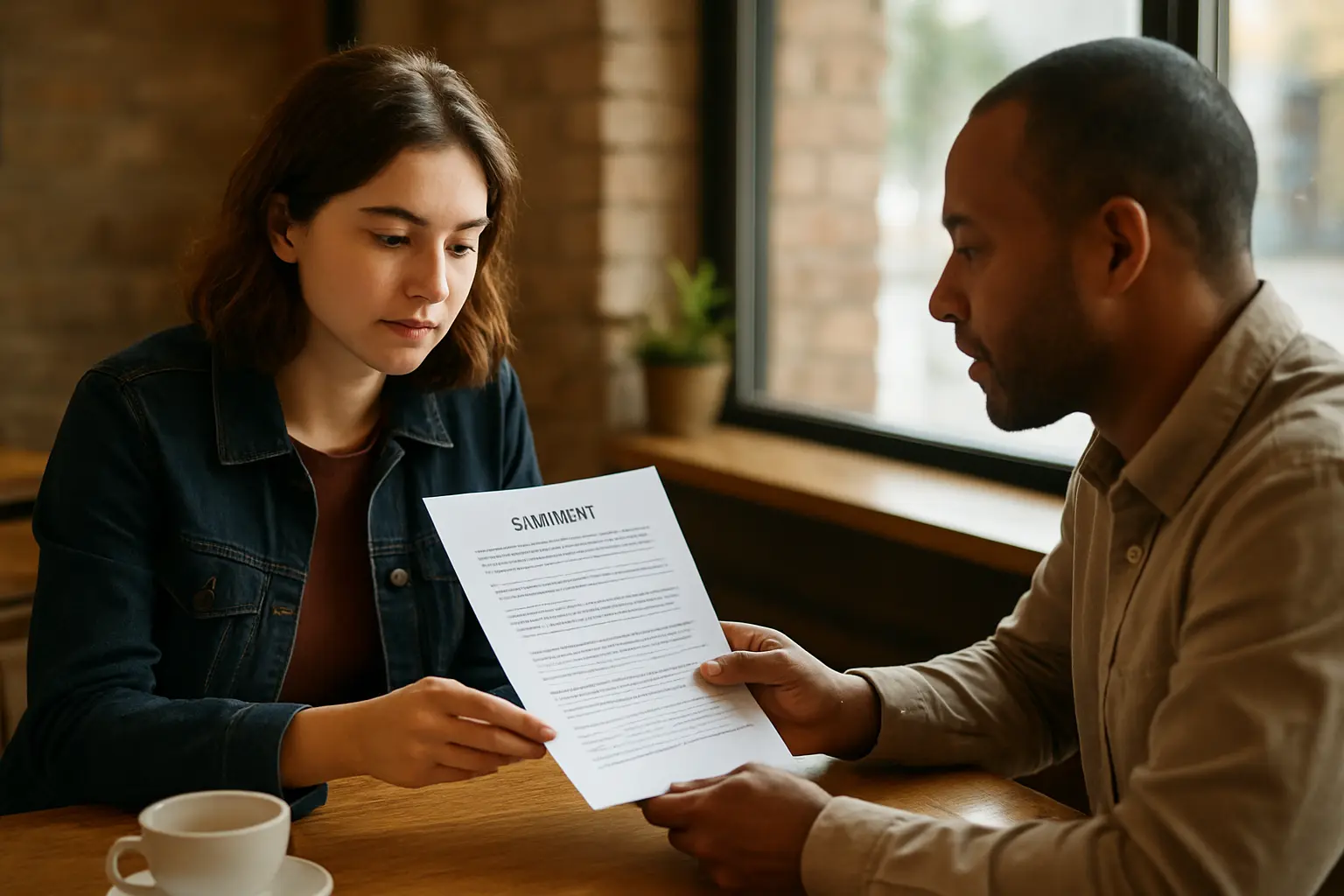 Estudiante entrega a un participante un resumen impreso para que lo revise, como validación comunicativa