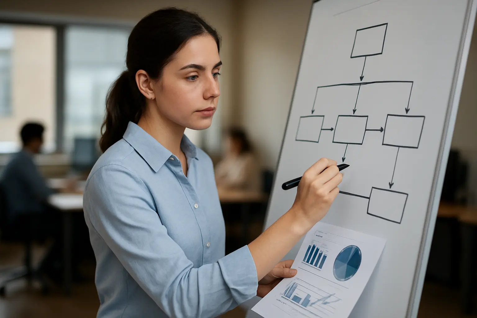 Estudiante de Administración analizando el mapa de procesos y los indicadores de la empresa donde trabaja
