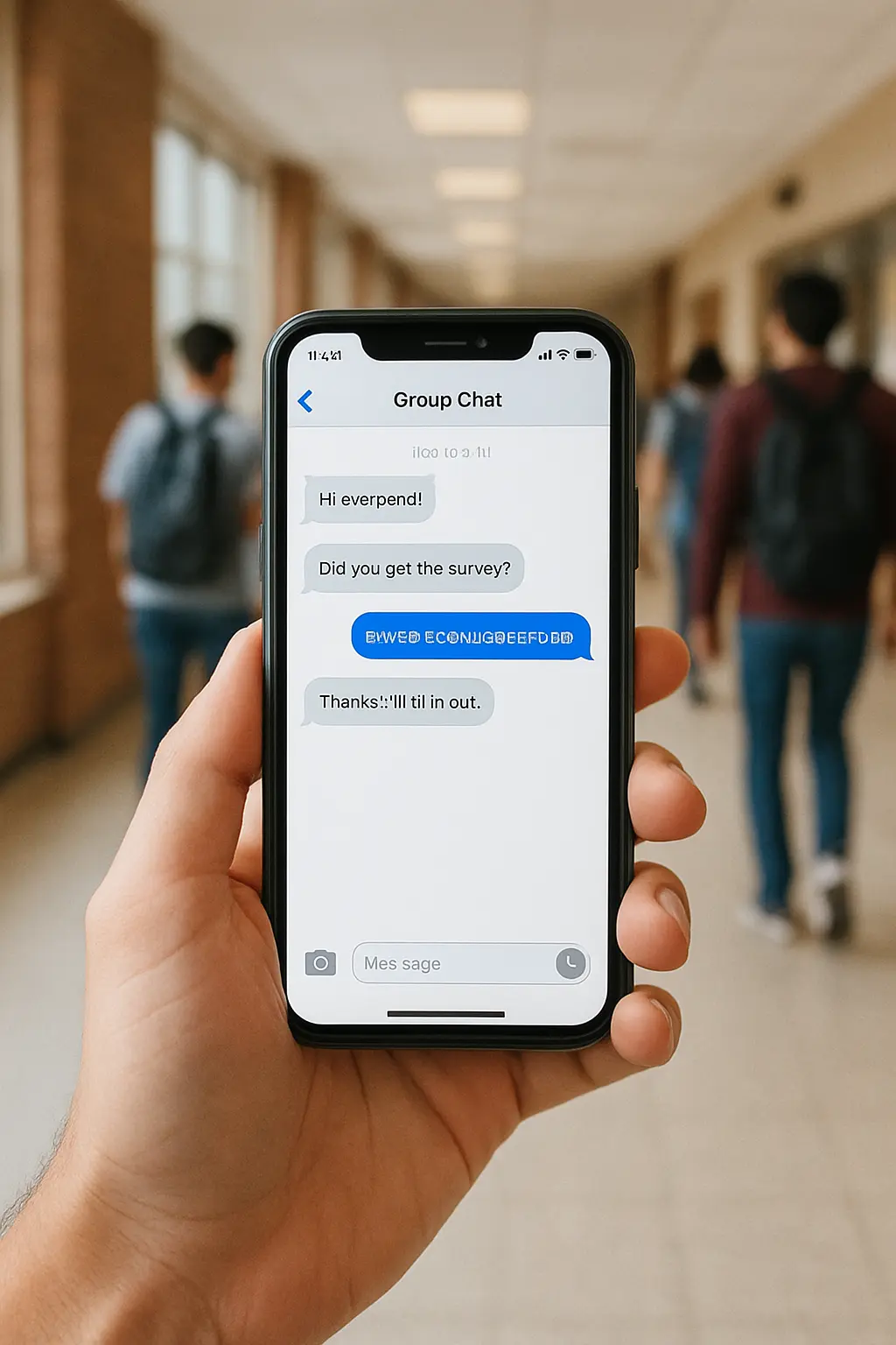 Mano sosteniendo un teléfono con un chat grupal donde se compartió el enlace de una encuesta, en un pasillo universitario
