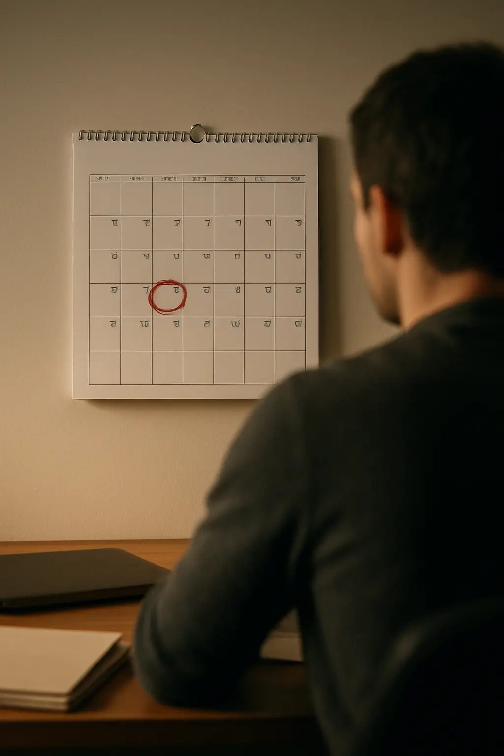 Calendario con una fecha pasada marcada en rojo junto a un escritorio con carpetas y una notebook cerrada