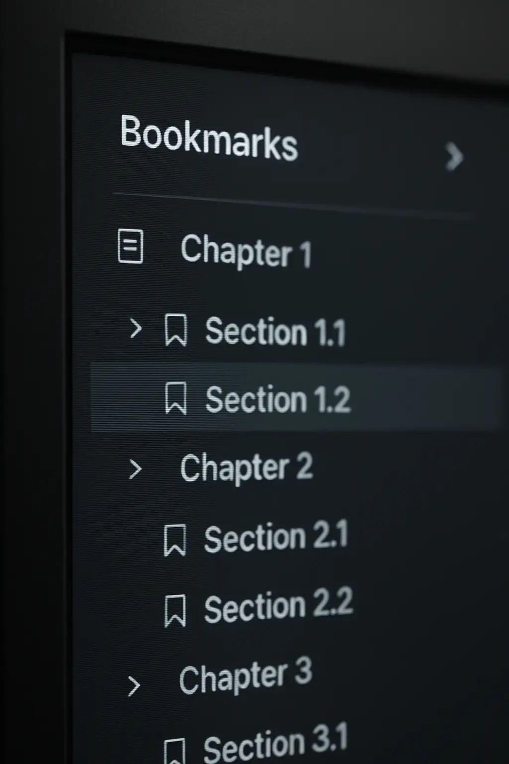 Panel lateral de un lector de PDF con los marcadores de capítulos y secciones de una tesina
