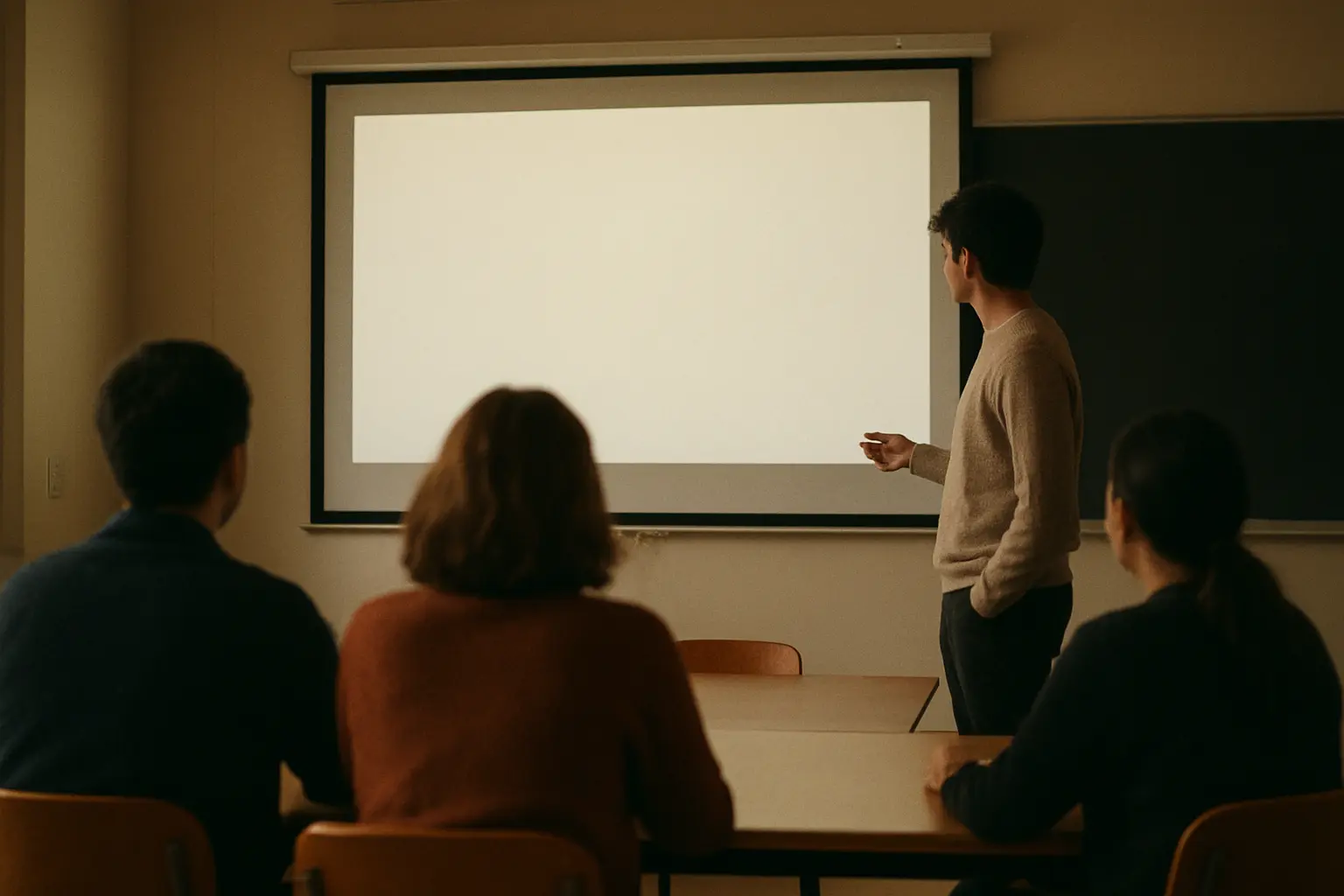 Estudiante explicando su análisis estadístico frente a un jurado en una sala universitaria