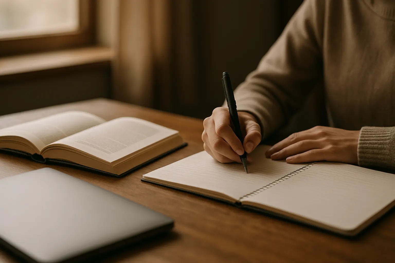 Estudiante tomando notas a mano junto a un libro abierto