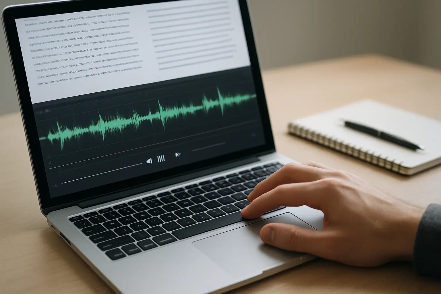 Pantalla dividida entre la línea de tiempo del audio y el documento de texto mientras se corrige una transcripción automática