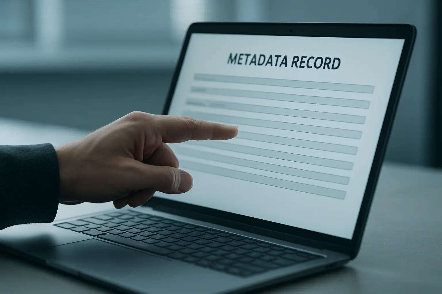 Ficha de metadatos de una tesis en un repositorio institucional, con un dedo señalando un campo