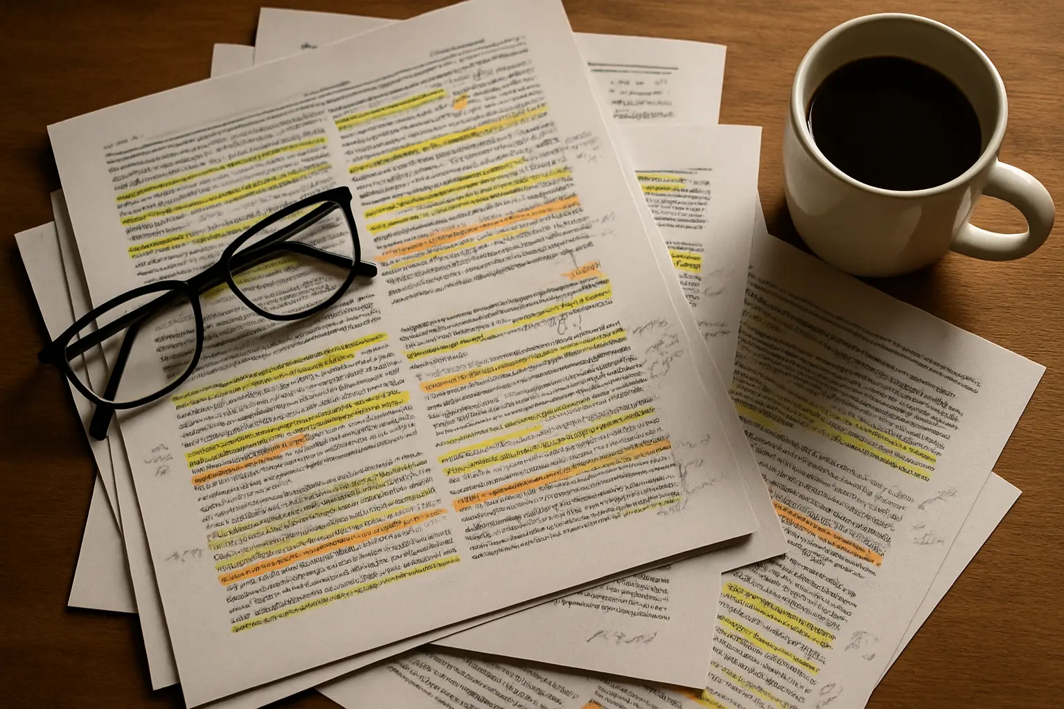 Artículos académicos impresos y subrayados sobre un escritorio