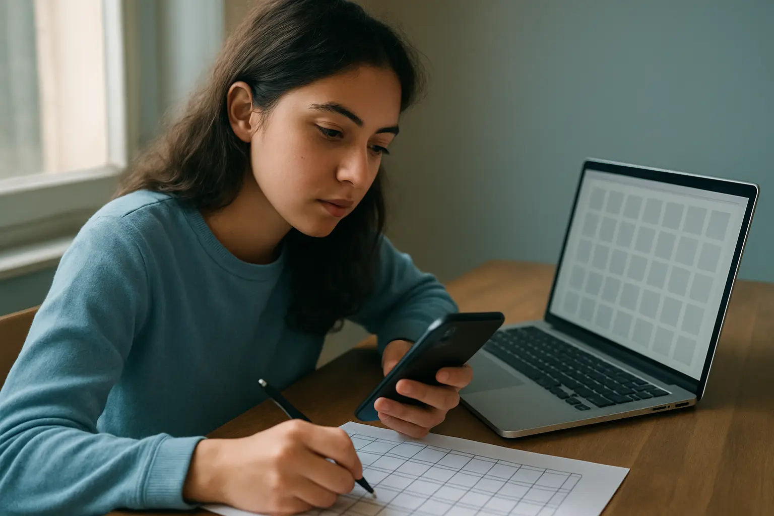 Estudiante de Comunicación analizando publicaciones de redes sociales y una grilla de análisis del discurso